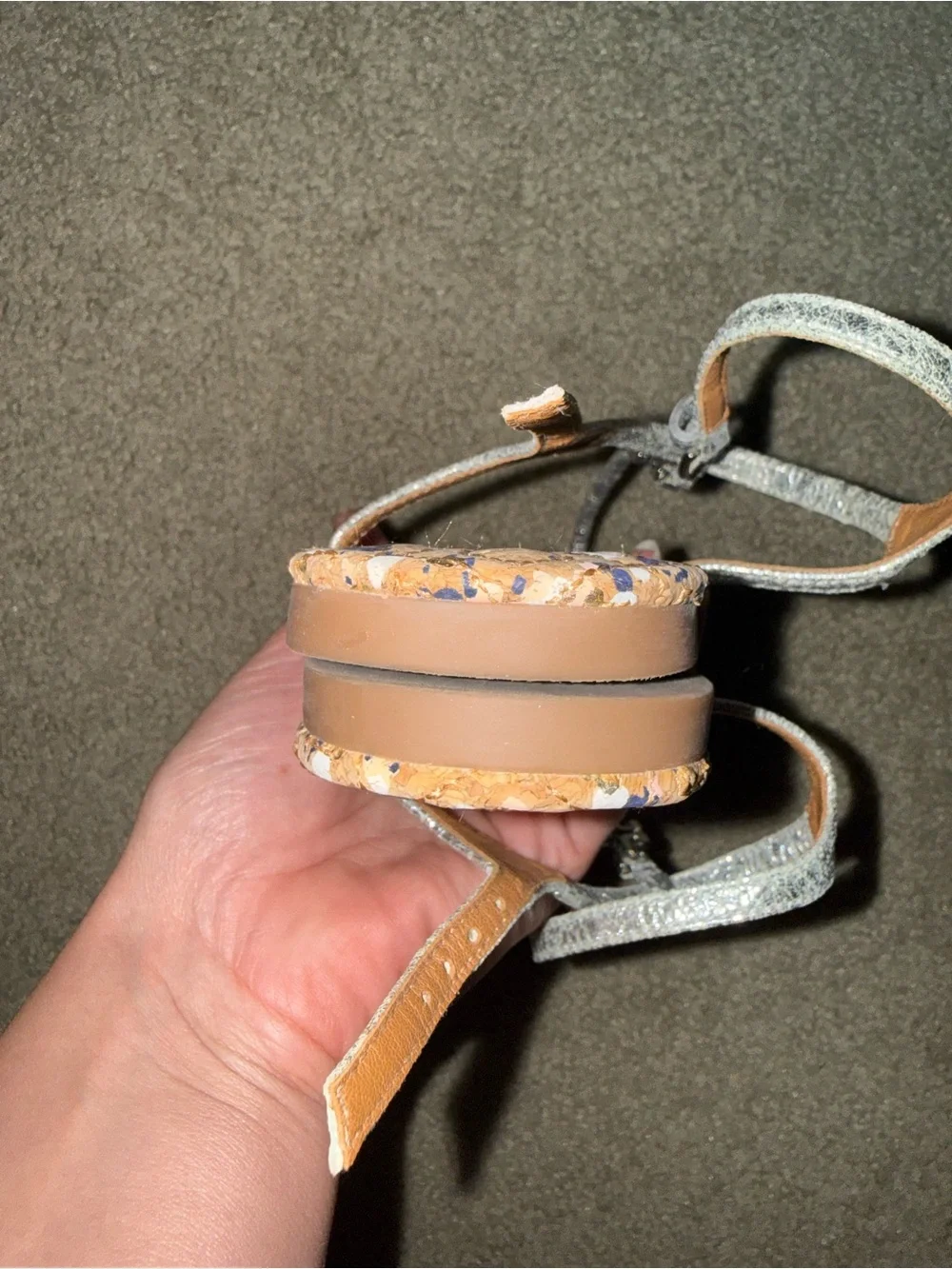Tory Burch Rose Gold Metallic T-Strap Sandals with Multicolor Cork Insole